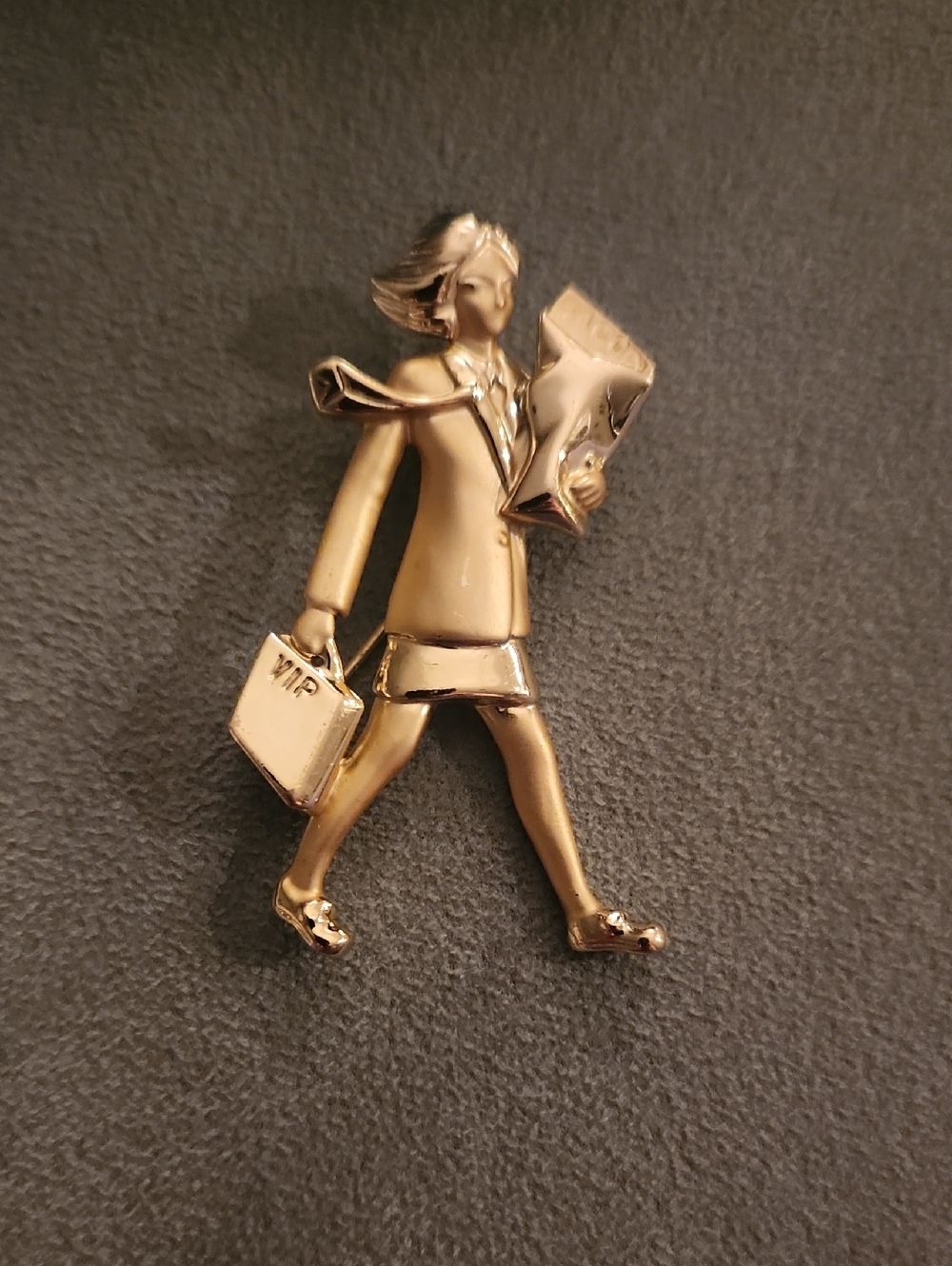 Gold-Tone Feminist BHB Brooch Pin -bringing Home The Bacon 1960s